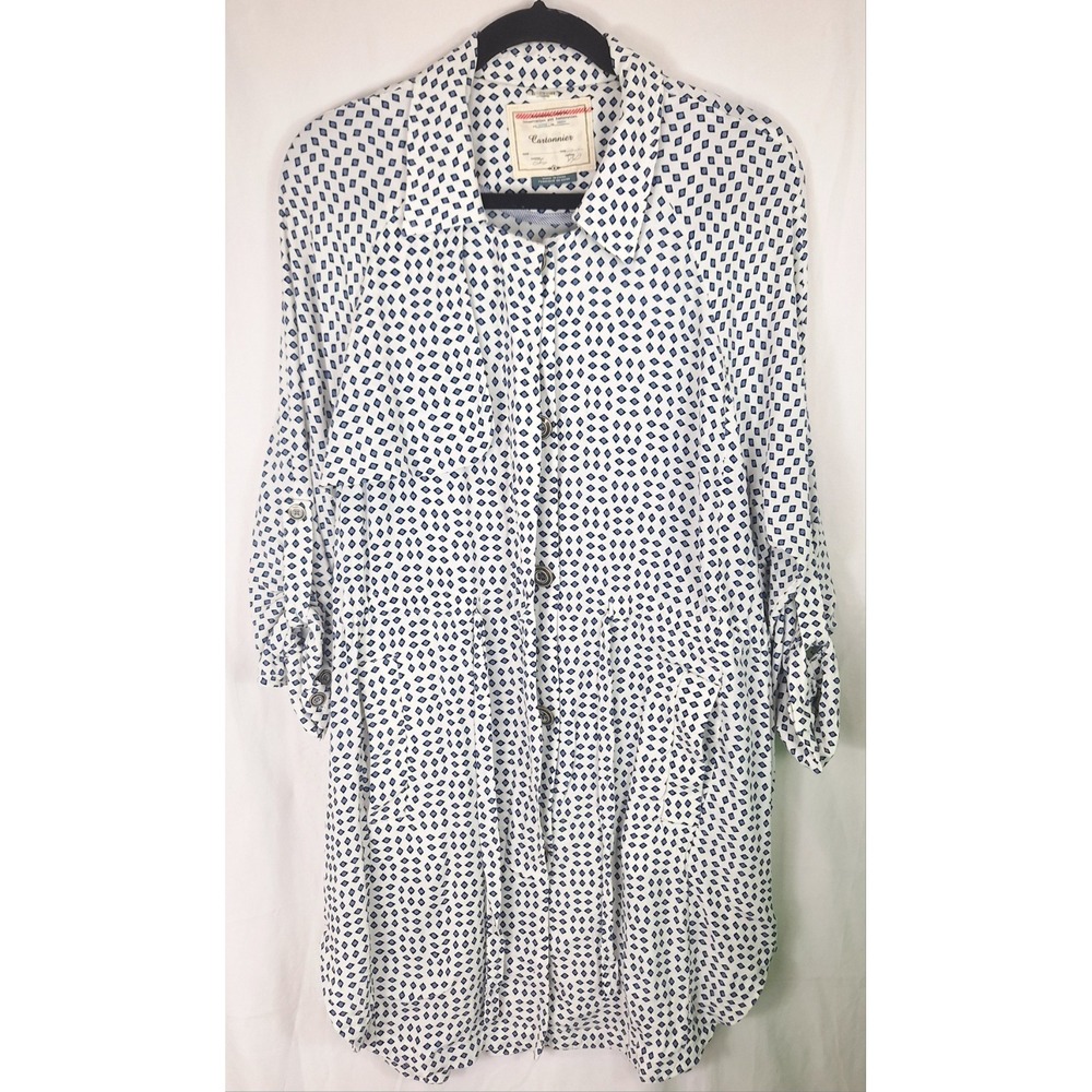 Cartonnier Anthropologie Blue Diamond Print Button Down Tunic Shirt White Size M